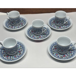 Turkish Coffee Cup and Saucer Set 5pc Iznik Style Floral Porcelain Espresso Cups